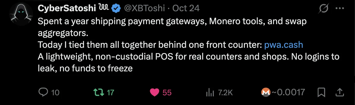 A post whose action bar has a Monero Xap button showing ~0.0017